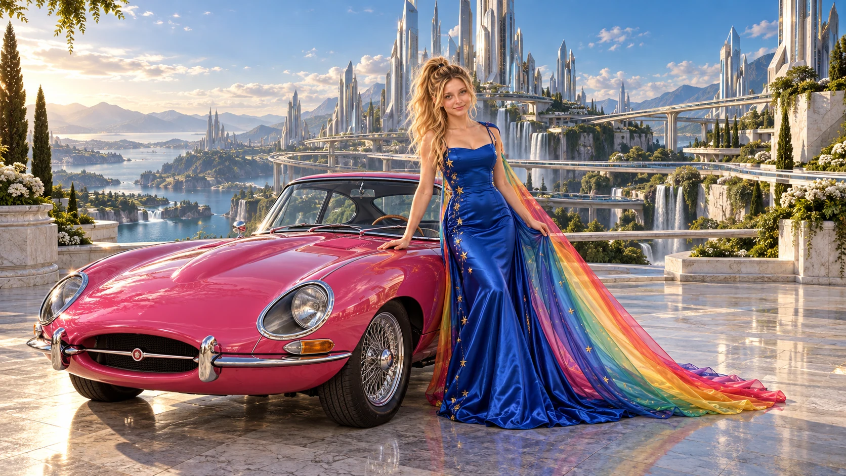 Kristin as Rainbow Brite wears a cobalt satin column gown with a dramatic rainbow chiffon cape and tiny gold star embroidery beside a hot pink 1961 Jaguar E-Type on Acurion, in The Verdant Drift.