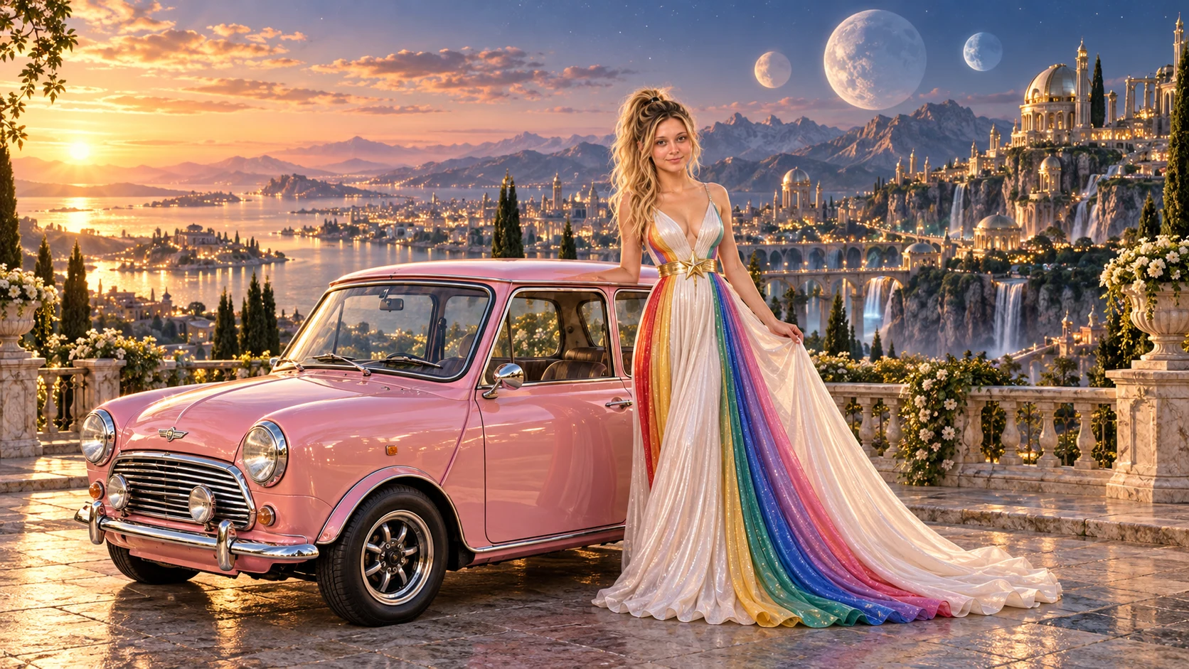 Kristin as Rainbow Brite wears a pearl-white pleated evening gown with jewel-tone rainbow panels and a fine gold star belt beside a pearl pink 1967 Austin Mini Cooper S on Sternara, in The Verdant Drift.