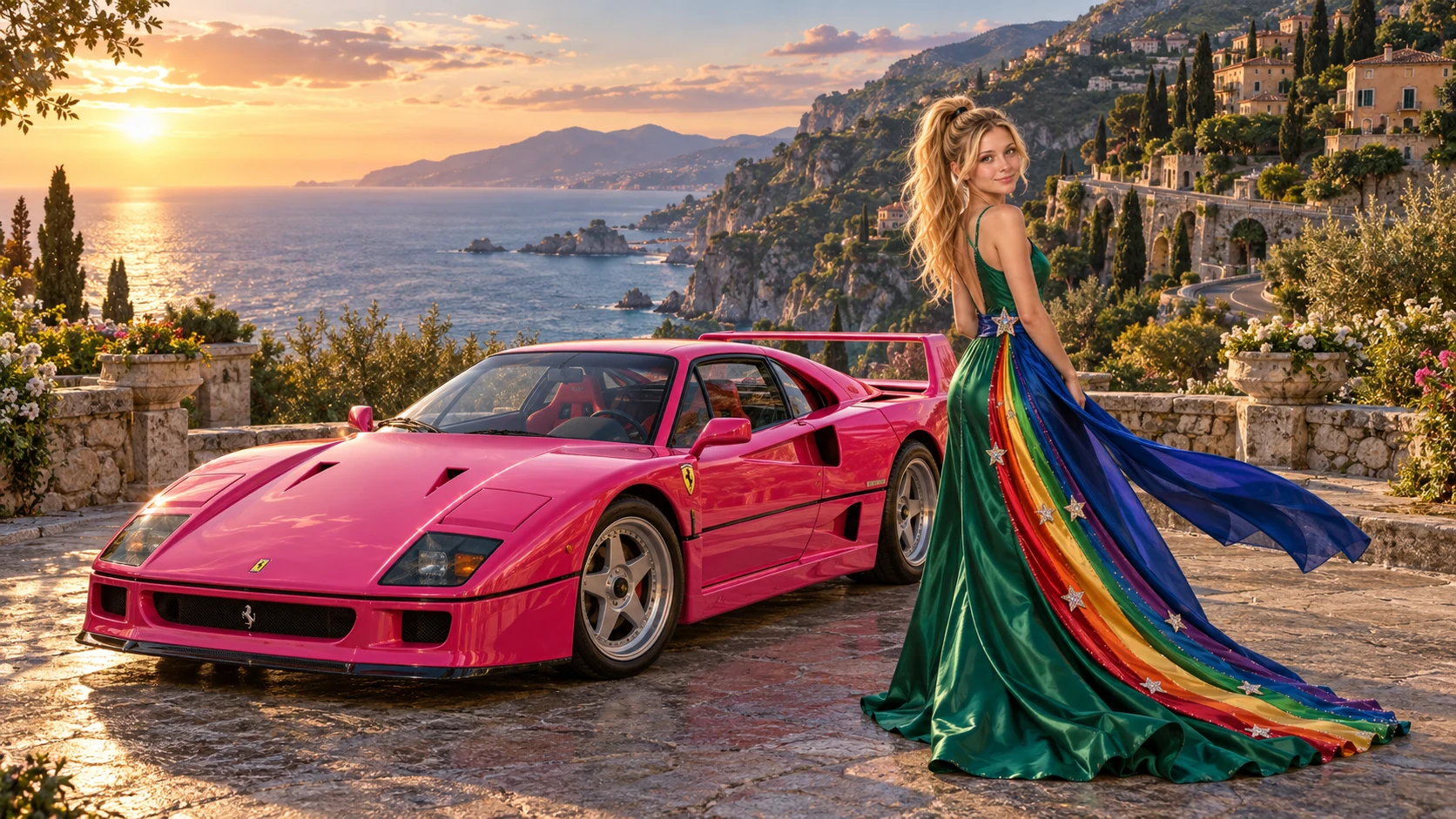 Kristin as Rainbow Brite wears a emerald silk evening dress with rainbow ribbon appliqué, a royal-blue waist sash and a jeweled star buckle beside a hot pink 1987 Ferrari F40 on Aurelmere, in The Verdant Drift.