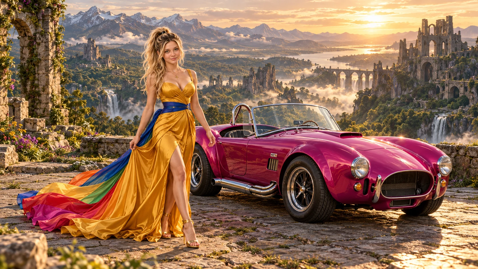 Kristin as Rainbow Brite wears a saffron satin evening gown with a royal-blue sash, graceful rainbow ribbon train and gold star pendant beside a fuchsia magenta 1965 Shelby Cobra on Terrawild, in The Verdant Drift.