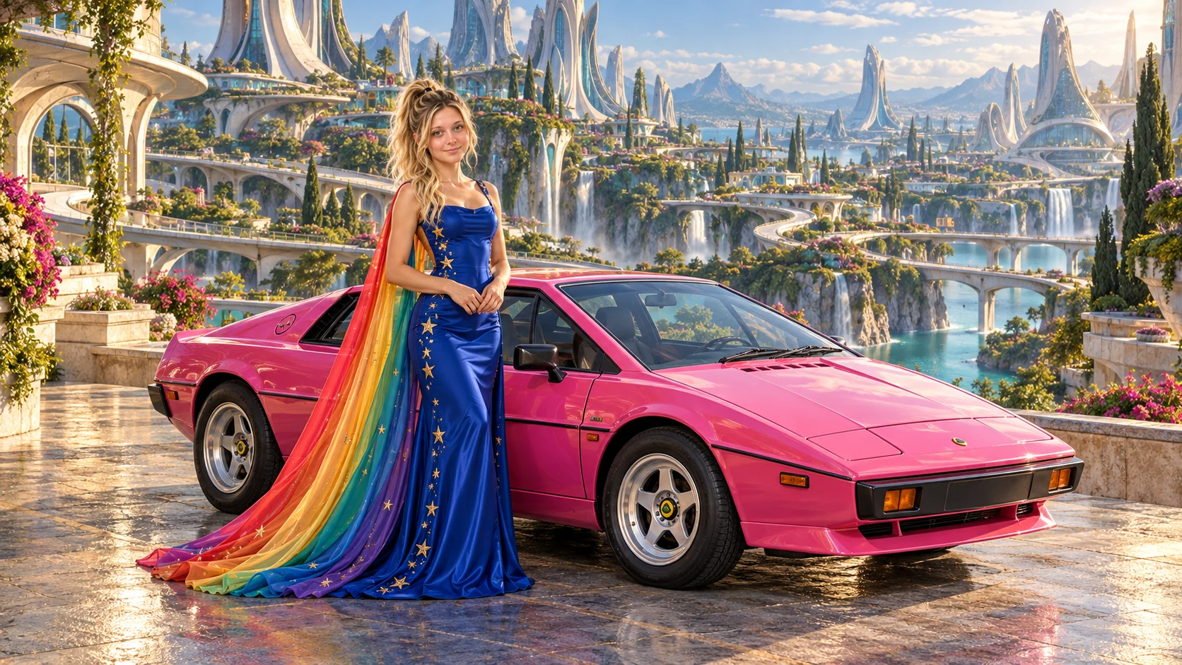 Kristin as Rainbow Brite wears a cobalt satin column gown with a dramatic rainbow chiffon cape and tiny gold star embroidery beside a hot pink 1976 Lotus Esprit on Chevronia, in The Verdant Drift.