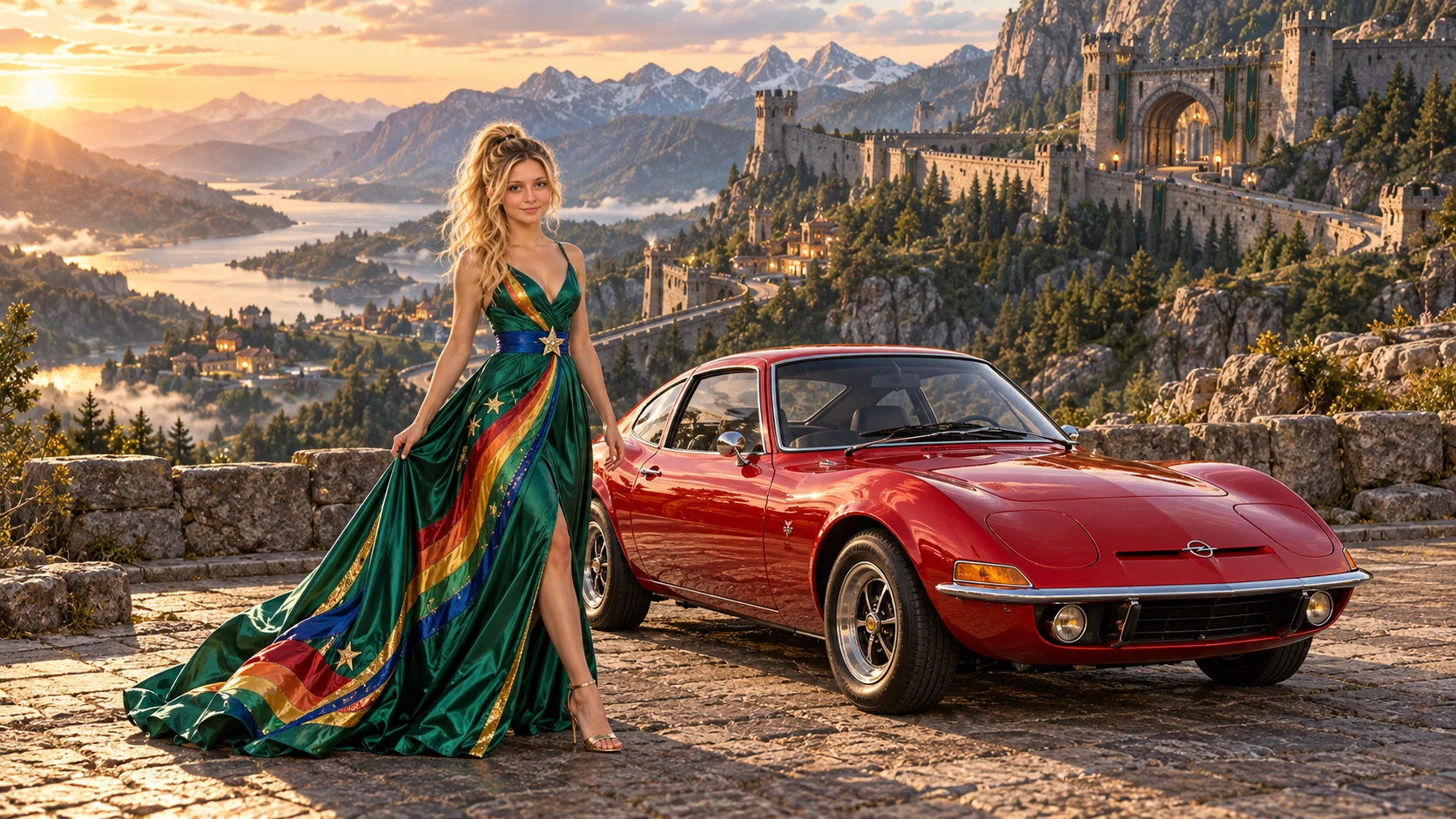 Kristin as Rainbow Brite wears a emerald silk evening dress with rainbow ribbon appliqué, a royal-blue waist sash and a jeweled star buckle beside a candy apple red 1970 Opel GT on Bastion, in The Verdant Drift.