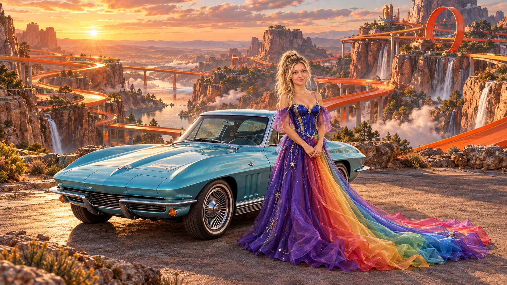 Kristin as Rainbow Brite wears a violet organza couture gown with a structured cobalt bodice, sweeping rainbow train and star jewels beside a glacier turquoise 1963 Chevrolet Corvette Sting Ray on Ribbon Run, in The Copper Loop.