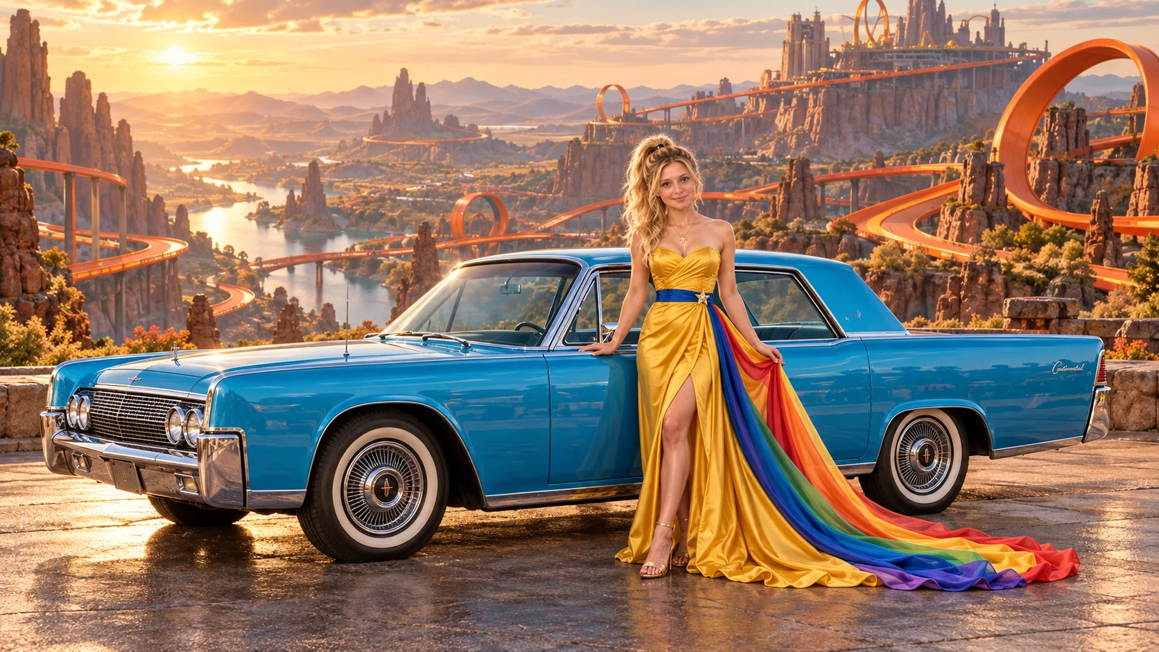Kristin as Rainbow Brite wears a saffron satin evening gown with a royal-blue sash, graceful rainbow ribbon train and gold star pendant beside a electric cyan 1963 Lincoln Continental on Ribbon Run, in The Copper Loop.