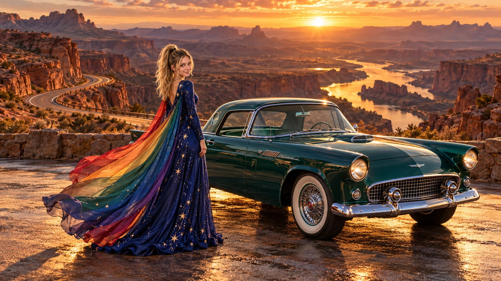 Kristin as Rainbow Brite wears a midnight-blue long-sleeved evening gown with a flowing rainbow-lined cape and tiny star embroidery beside a deep emerald green 1955 Ford Thunderbird on Apexia, in The Copper Loop.