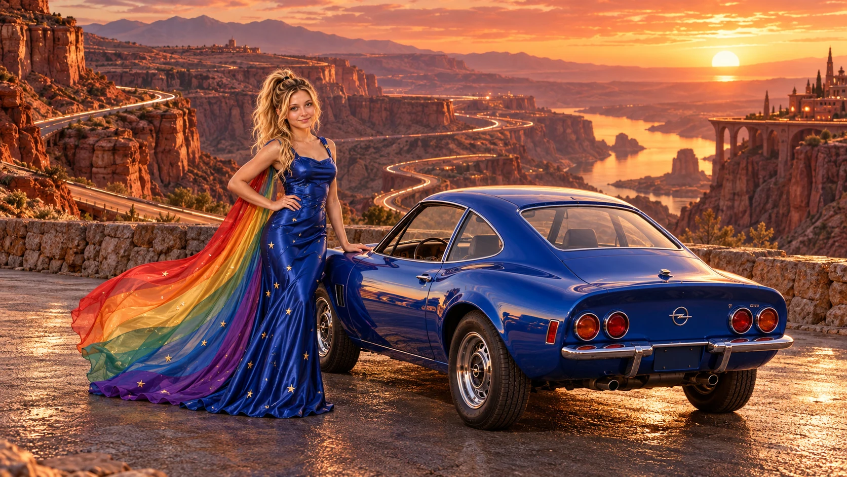 Kristin as Rainbow Brite wears a cobalt satin column gown with a dramatic rainbow chiffon cape and tiny gold star embroidery beside a cobalt blue 1970 Opel GT on Apexia, in The Copper Loop.