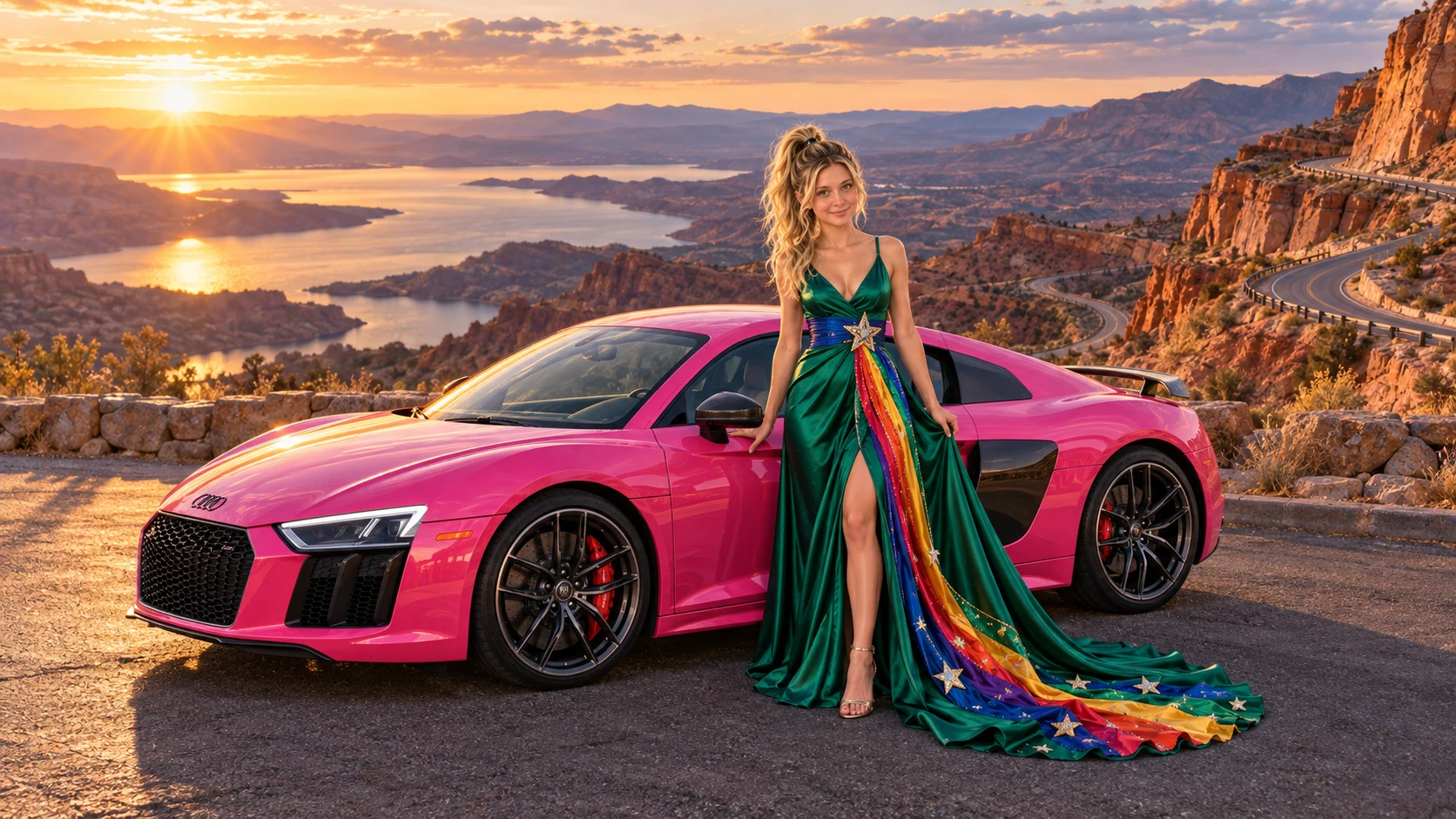 Kristin as Rainbow Brite wears a emerald silk evening dress with rainbow ribbon appliqué, a royal-blue waist sash and a jeweled star buckle beside a hot pink 2017 Audi R8 on Drift Nine, in The Copper Loop.