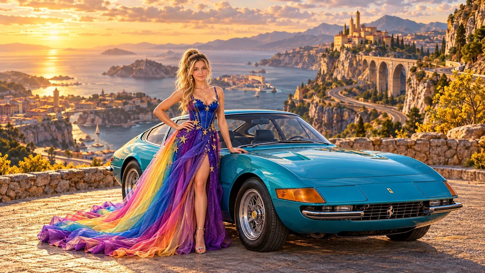Kristin as Rainbow Brite wears a violet organza couture gown with a structured cobalt bodice, sweeping rainbow train and star jewels beside a electric turquoise 1968 Ferrari 365 GTB/4 Daytona on Boosthaven, in The Copper Loop.