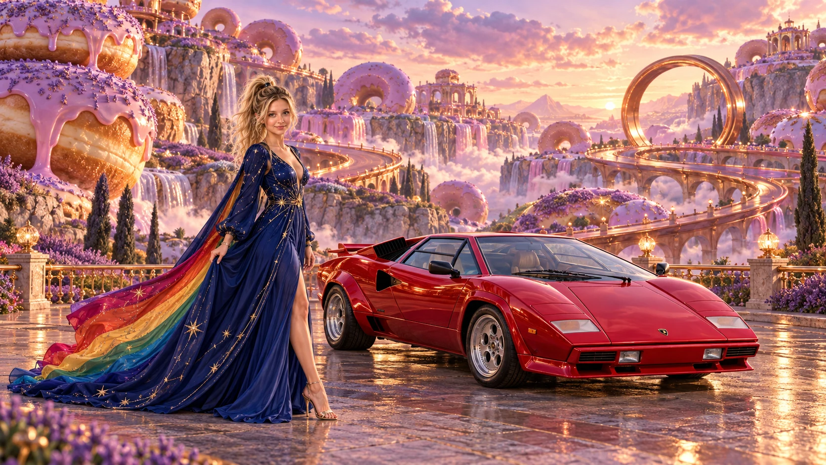 Kristin as Rainbow Brite wears a midnight-blue long-sleeved evening gown with a flowing rainbow-lined cape and tiny star embroidery beside a candy apple red 1974 Lamborghini Countach on Donutopia, in The Copper Loop.