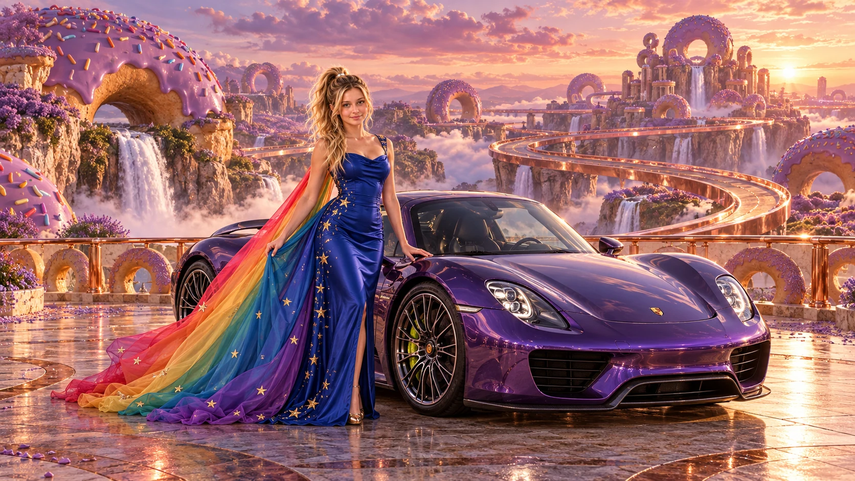 Kristin as Rainbow Brite wears a cobalt satin column gown with a dramatic rainbow chiffon cape and tiny gold star embroidery beside a deep violet 2015 Porsche 918 Spyder on Donutopia, in The Copper Loop.