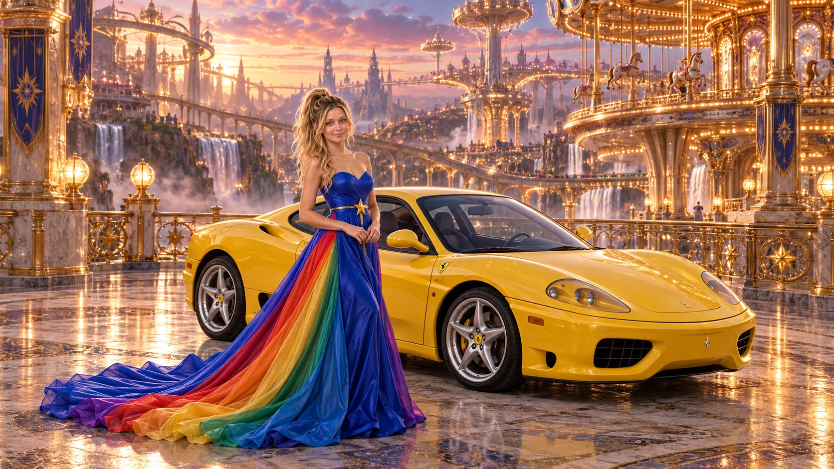 Kristin as Rainbow Brite wears a floor-length royal-blue silk gown with sculptural rainbow pleats and a flowing train, gold star belt beside a sunflower yellow 2002 Ferrari 360 Modena on Carousel, in The Copper Loop.