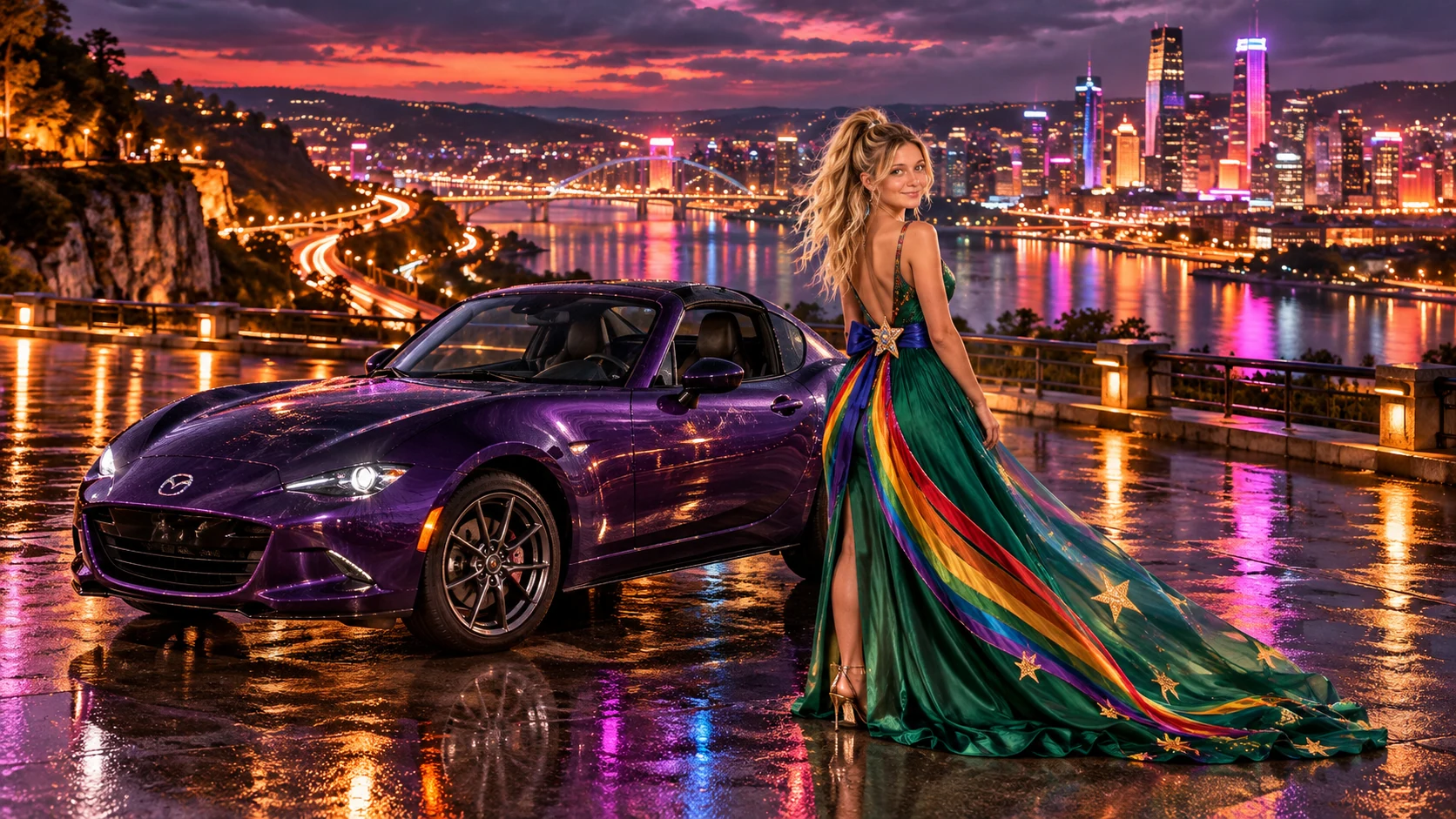 Kristin as Rainbow Brite wears a emerald silk evening dress with rainbow ribbon appliqué, a royal-blue waist sash and a jeweled star buckle beside a deep violet 2019 Mazda MX-5 RF on Neon Mile, in The Copper Loop.