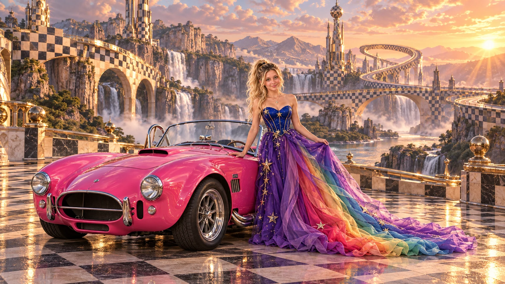 Kristin as Rainbow Brite wears a violet organza couture gown with a structured cobalt bodice, sweeping rainbow train and star jewels beside a hot pink 1965 Shelby Cobra on Checkerfall, in The Copper Loop.
