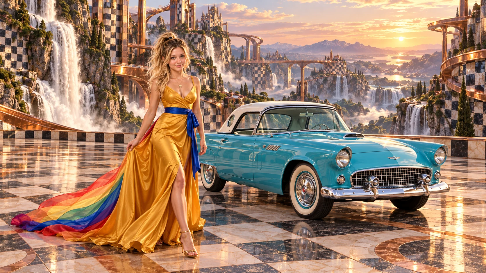Kristin as Rainbow Brite wears a saffron satin evening gown with a royal-blue sash, graceful rainbow ribbon train and gold star pendant beside a electric turquoise 1955 Ford Thunderbird on Checkerfall, in The Copper Loop.