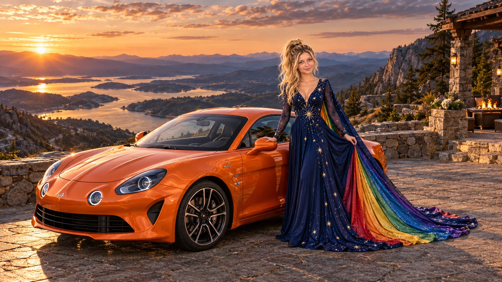 Kristin as Rainbow Brite wears a midnight-blue long-sleeved evening gown with a flowing rainbow-lined cape and tiny star embroidery beside a bright orange 2018 Alpine A110 on Finishline, in The Copper Loop.