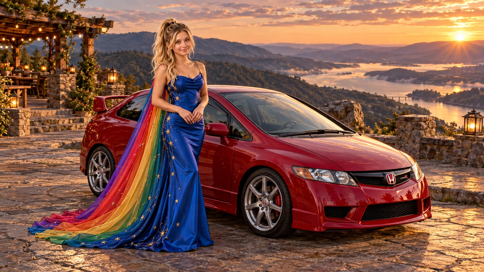 Kristin as Rainbow Brite wears a cobalt satin column gown with a dramatic rainbow chiffon cape and tiny gold star embroidery beside a crimson red 2008 Honda Civic Type R on Finishline, in The Copper Loop.