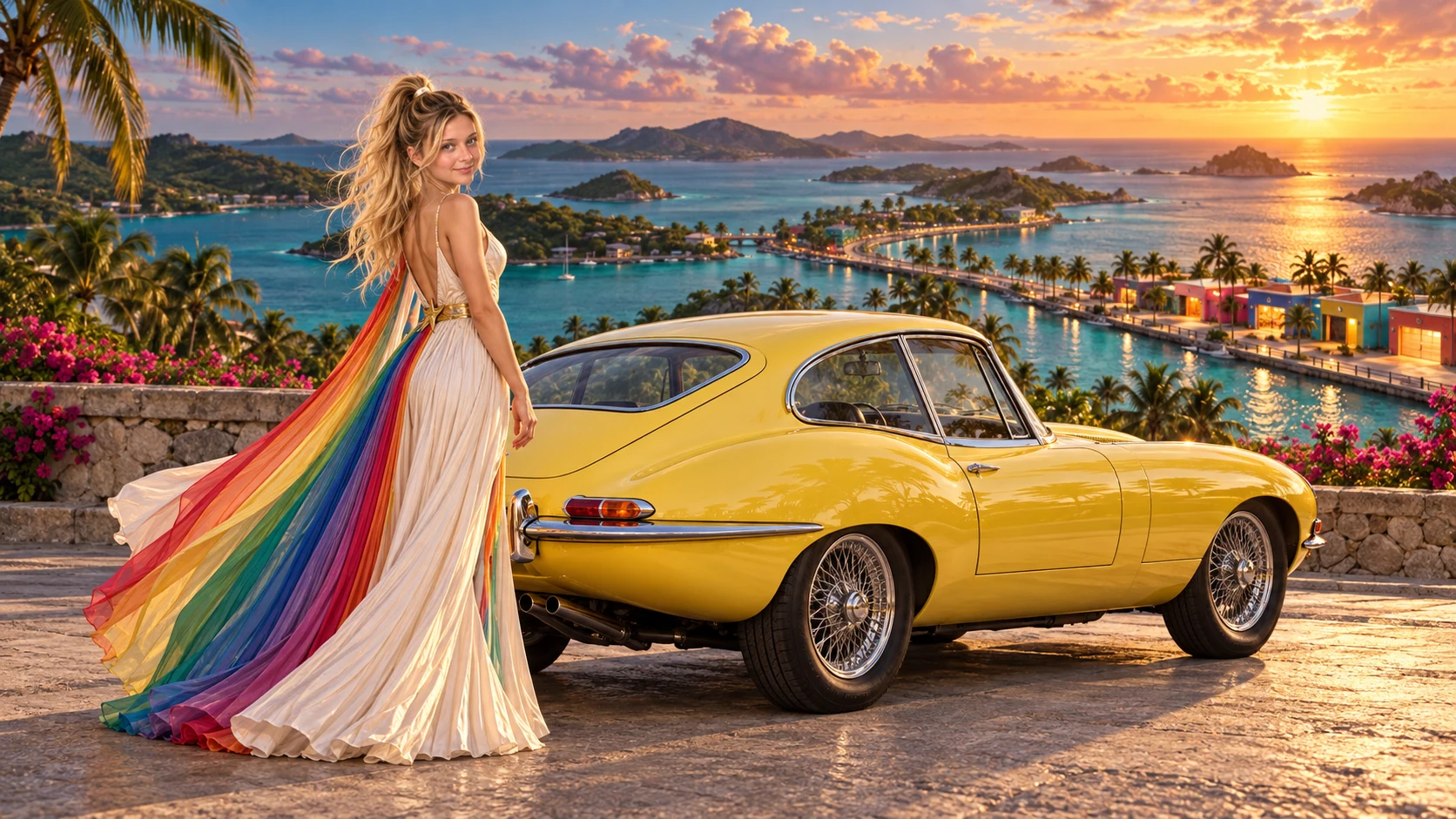 Kristin as Rainbow Brite wears a pearl-white pleated evening gown with jewel-tone rainbow panels and a fine gold star belt beside a lemon yellow 1961 Jaguar E-Type on Barracudia, in The Copper Loop.