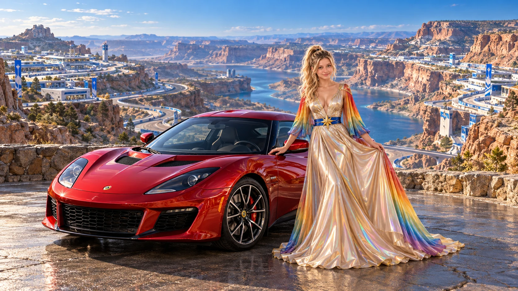 Kristin as Rainbow Brite wears a iridescent champagne satin gown with rainbow pleated sleeves and a sculpted blue-and-gold star belt beside a candy apple red 2017 Lotus Evora 400 on Cobralis, in The Copper Loop.
