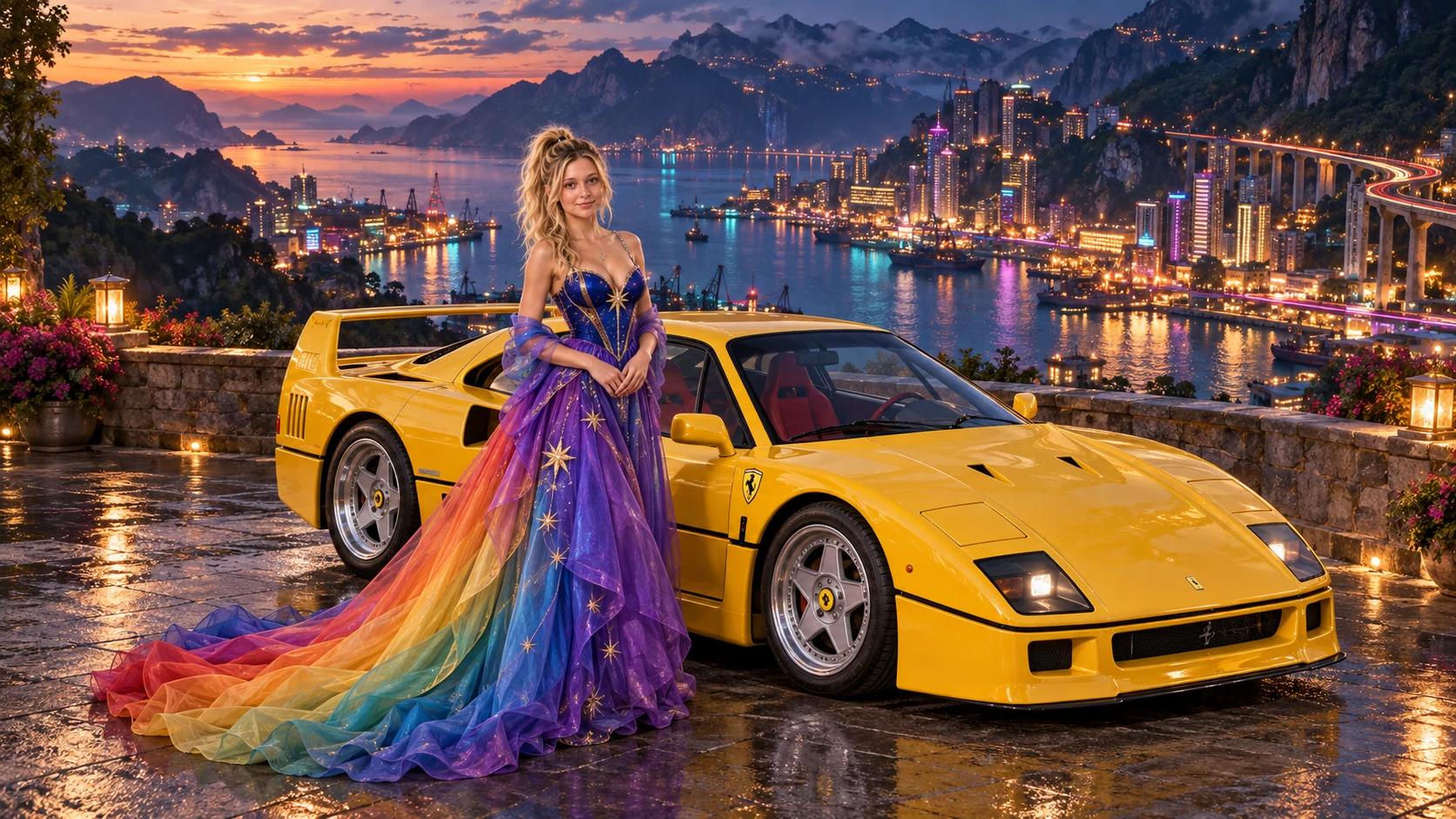 Kristin as Rainbow Brite wears a violet organza couture gown with a structured cobalt bodice, sweeping rainbow train and star jewels beside a sunflower yellow 1987 Ferrari F40 on Nissara, in The Copper Loop.