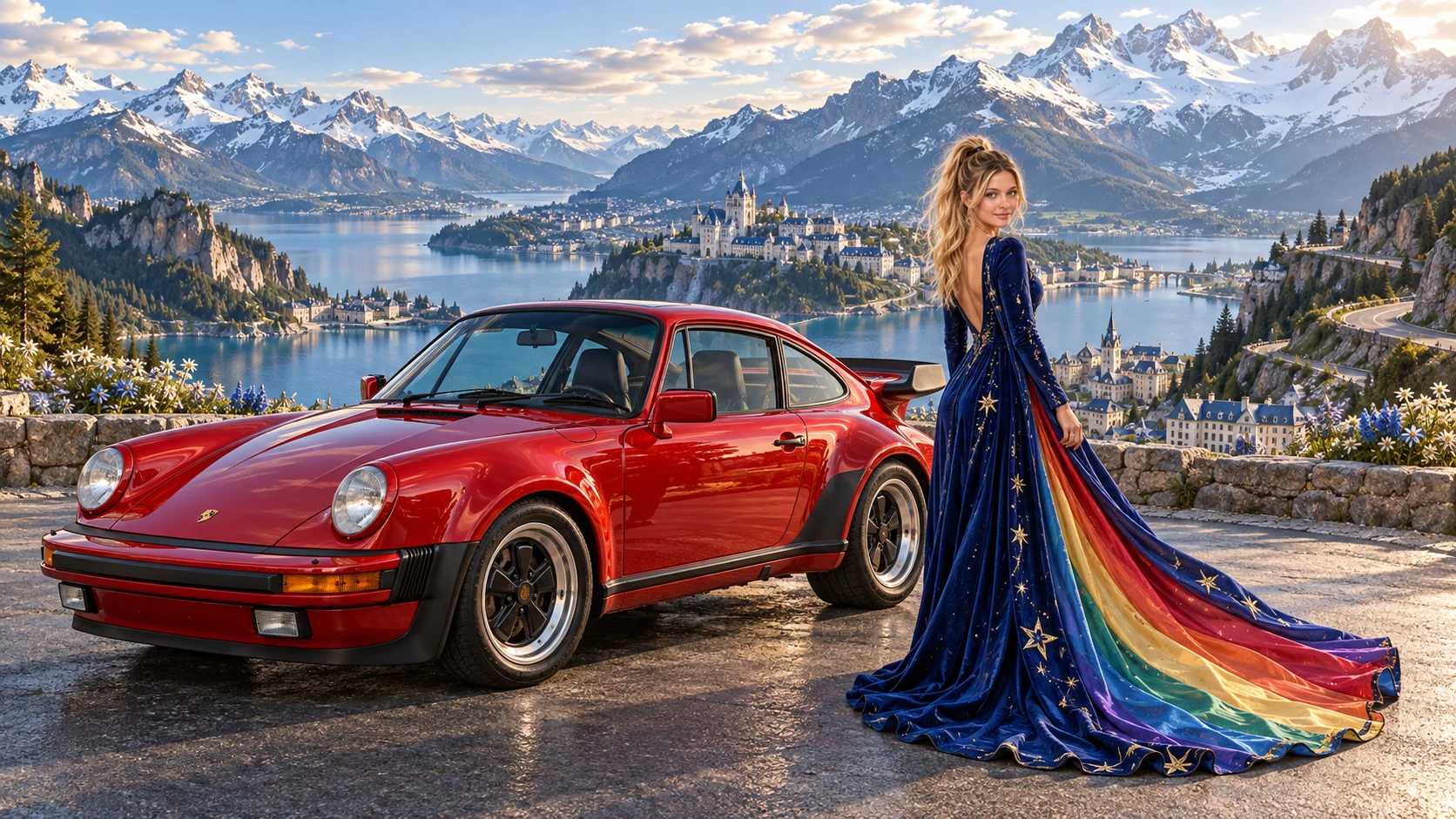 Kristin as Rainbow Brite wears a midnight-blue long-sleeved evening gown with a flowing rainbow-lined cape and tiny star embroidery beside a candy apple red 1986 Porsche 911 Turbo on Bavarion, in The Copper Loop.