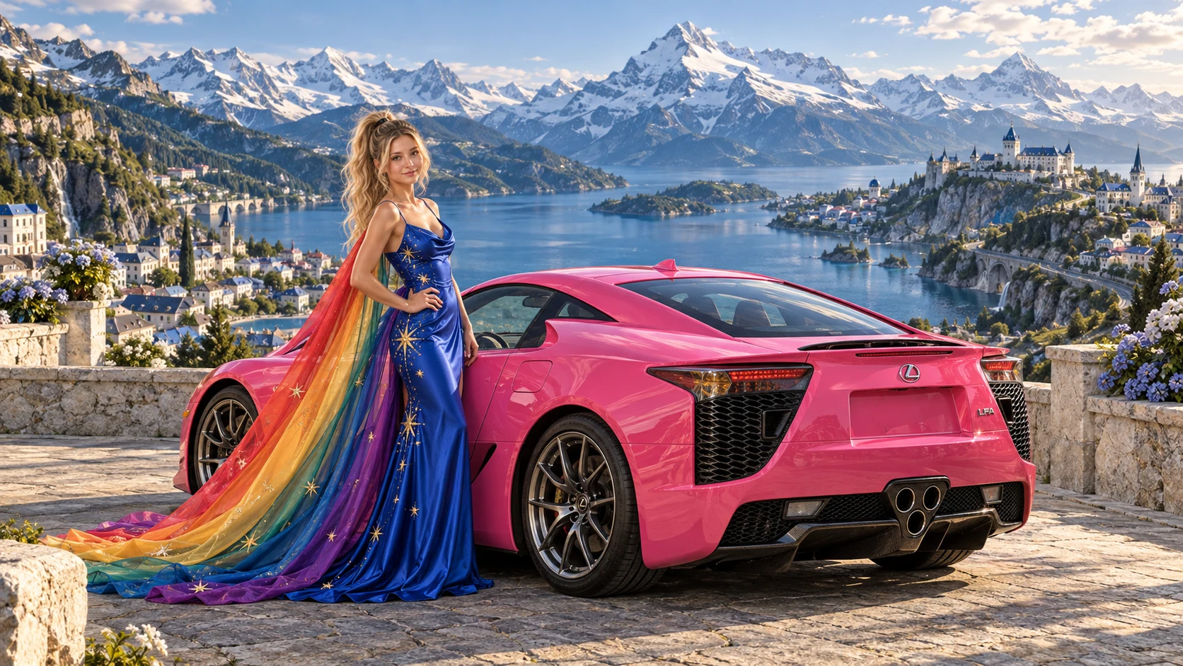 Kristin as Rainbow Brite wears a cobalt satin column gown with a dramatic rainbow chiffon cape and tiny gold star embroidery beside a hot pink 2011 Lexus LFA on Bavarion, in The Copper Loop.