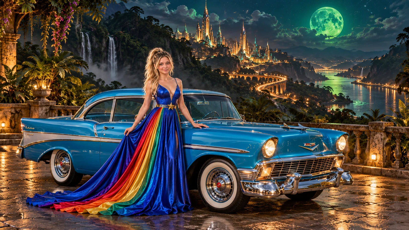 Kristin as Rainbow Brite wears a floor-length royal-blue silk gown with sculptural rainbow pleats and a flowing train, gold star belt beside a electric cyan 1956 Chevrolet Bel Air on Panthera, in The Copper Loop.