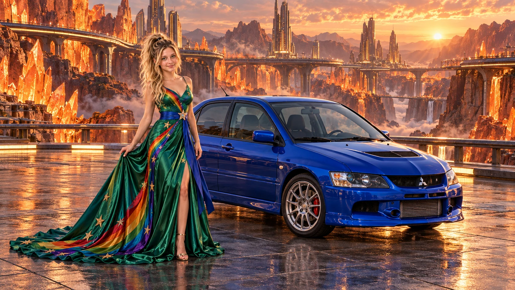Kristin as Rainbow Brite wears a emerald silk evening dress with rainbow ribbon appliqué, a royal-blue waist sash and a jeweled star buckle beside a cobalt blue 2006 Mitsubishi Lancer Evolution IX on Papayra, in The Copper Loop.