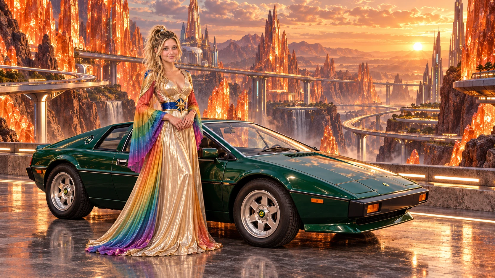 Kristin as Rainbow Brite wears a iridescent champagne satin gown with rainbow pleated sleeves and a sculpted blue-and-gold star belt beside a deep emerald green 1976 Lotus Esprit on Papayra, in The Copper Loop.