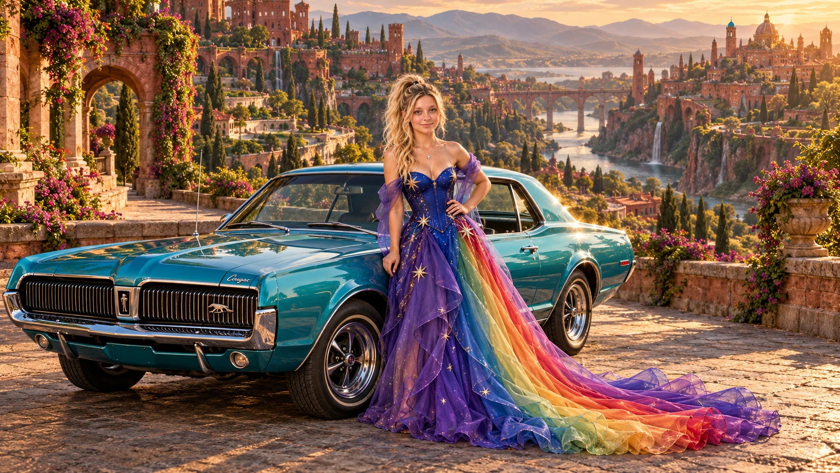 Kristin as Rainbow Brite wears a violet organza couture gown with a structured cobalt bodice, sweeping rainbow train and star jewels beside a glacier turquoise 1968 Mercury Cougar on Serpentara, in The Copper Loop.