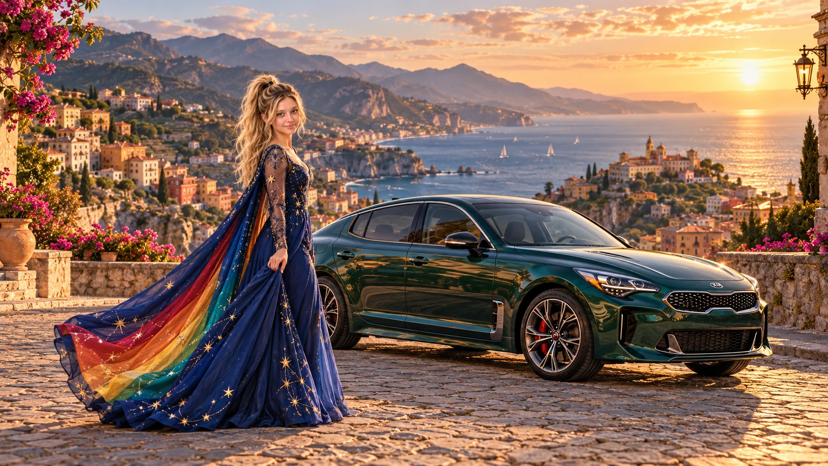 Kristin as Rainbow Brite wears a midnight-blue long-sleeved evening gown with a flowing rainbow-lined cape and tiny star embroidery beside a deep emerald green 2018 Kia Stinger on Solmara, in The Copper Loop.