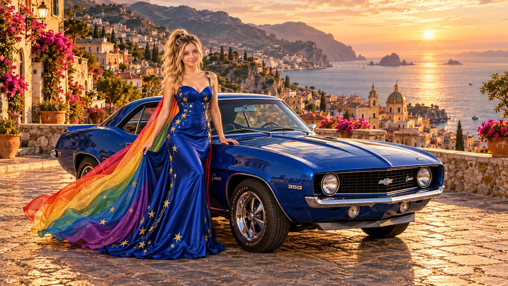 Kristin as Rainbow Brite wears a cobalt satin column gown with a dramatic rainbow chiffon cape and tiny gold star embroidery beside a cobalt blue 1969 Chevrolet Camaro on Solmara, in The Copper Loop.