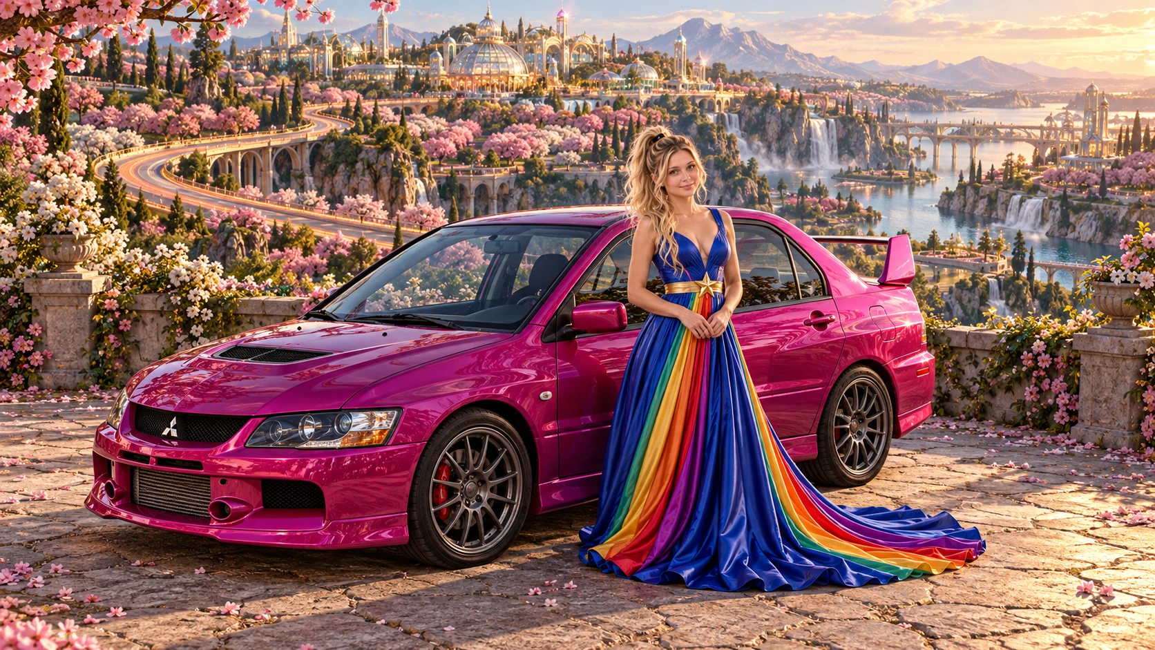Kristin as Rainbow Brite wears a floor-length royal-blue silk gown with sculptural rainbow pleats and a flowing train, gold star belt beside a fuchsia magenta 2006 Mitsubishi Lancer Evolution IX on Cherryglass, in The Copper Loop.