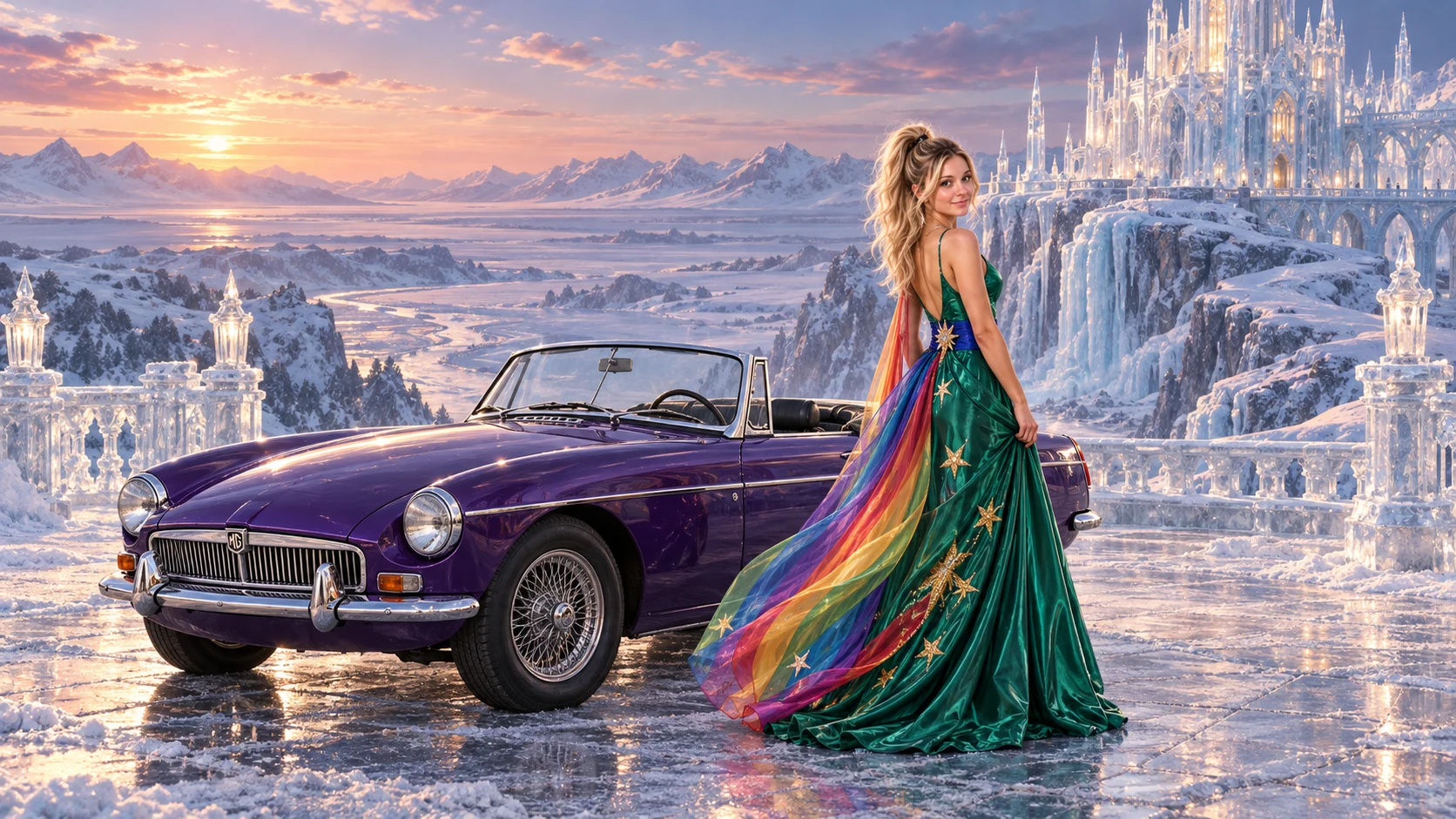 Kristin as Rainbow Brite wears a emerald silk evening dress with rainbow ribbon appliqué, a royal-blue waist sash and a jeweled star buckle beside a deep violet 1965 MG MGB Roadster on Frostmere, in The Pale Meridian.