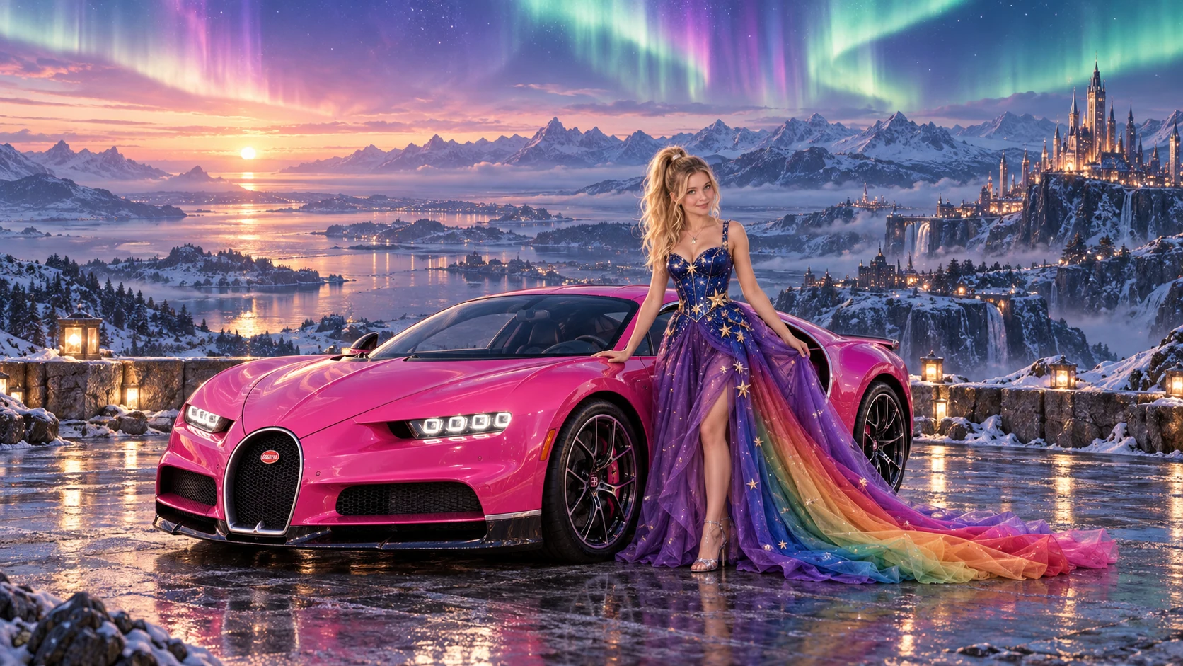 Kristin as Rainbow Brite wears a violet organza couture gown with a structured cobalt bodice, sweeping rainbow train and star jewels beside a hot pink 2017 Bugatti Chiron on Aurora Reach, in The Pale Meridian.