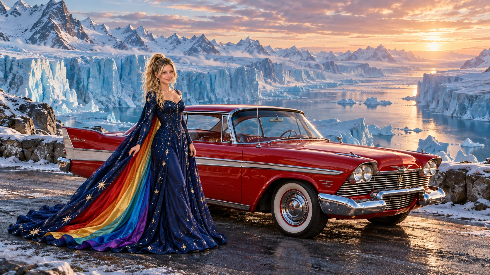 Kristin as Rainbow Brite wears a midnight-blue long-sleeved evening gown with a flowing rainbow-lined cape and tiny star embroidery beside a candy apple red 1958 Plymouth Fury on Blue Silence, in The Pale Meridian.
