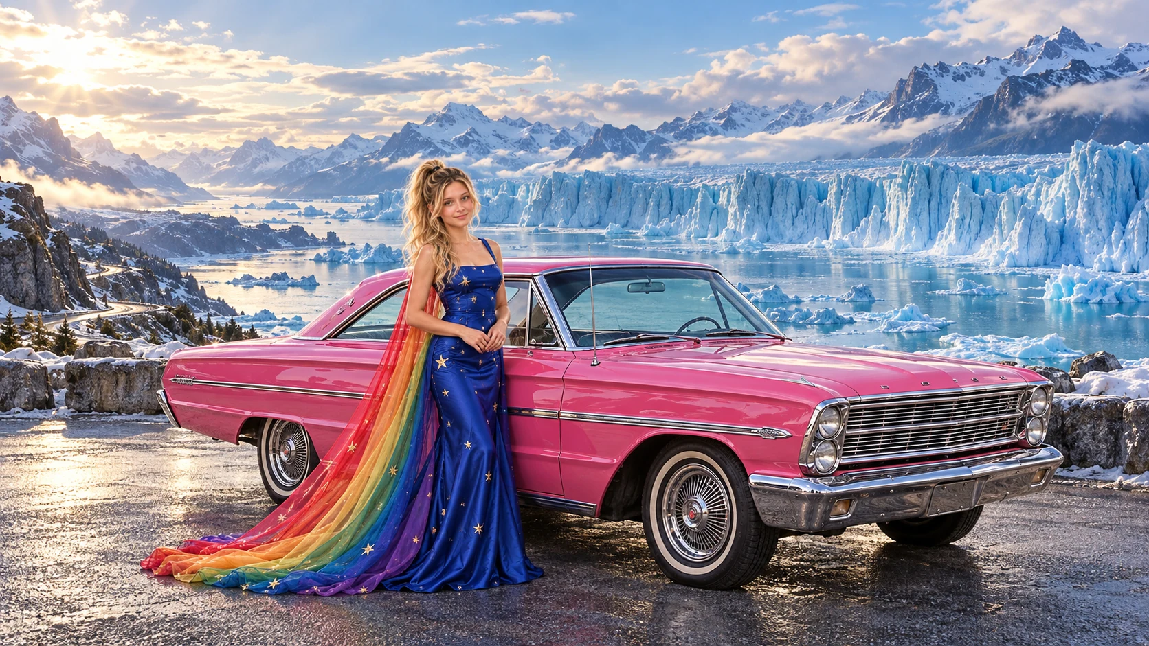 Kristin as Rainbow Brite wears a cobalt satin column gown with a dramatic rainbow chiffon cape and tiny gold star embroidery beside a hot pink 1964 Ford Galaxie 500 on Blue Silence, in The Pale Meridian.
