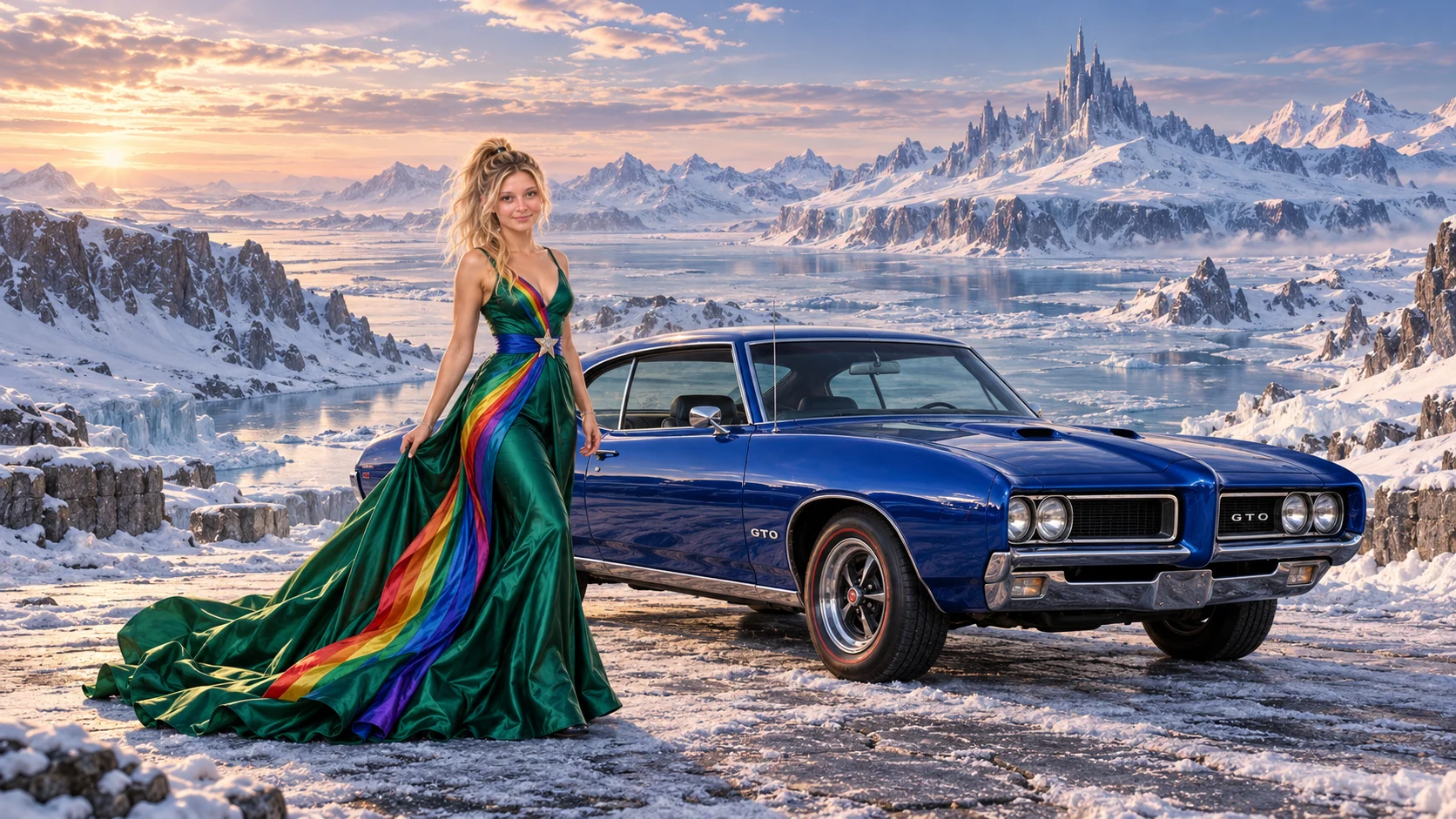 Kristin as Rainbow Brite wears a emerald silk evening dress with rainbow ribbon appliqué, a royal-blue waist sash and a jeweled star buckle beside a cobalt blue 1969 Pontiac GTO on Polar Crown, in The Pale Meridian.