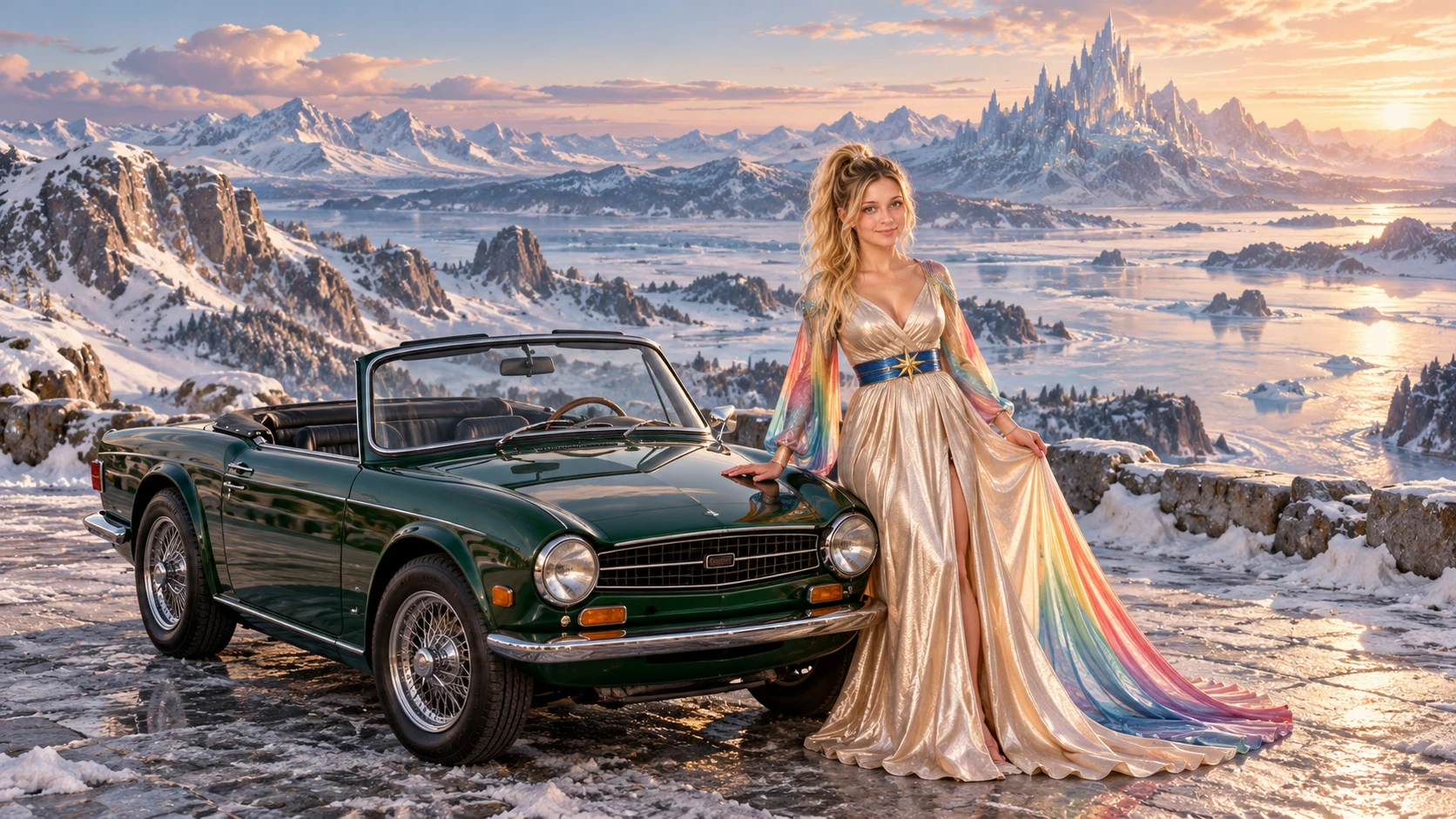 Kristin as Rainbow Brite wears a iridescent champagne satin gown with rainbow pleated sleeves and a sculpted blue-and-gold star belt beside a deep emerald green 1968 Triumph TR6 on Polar Crown, in The Pale Meridian.
