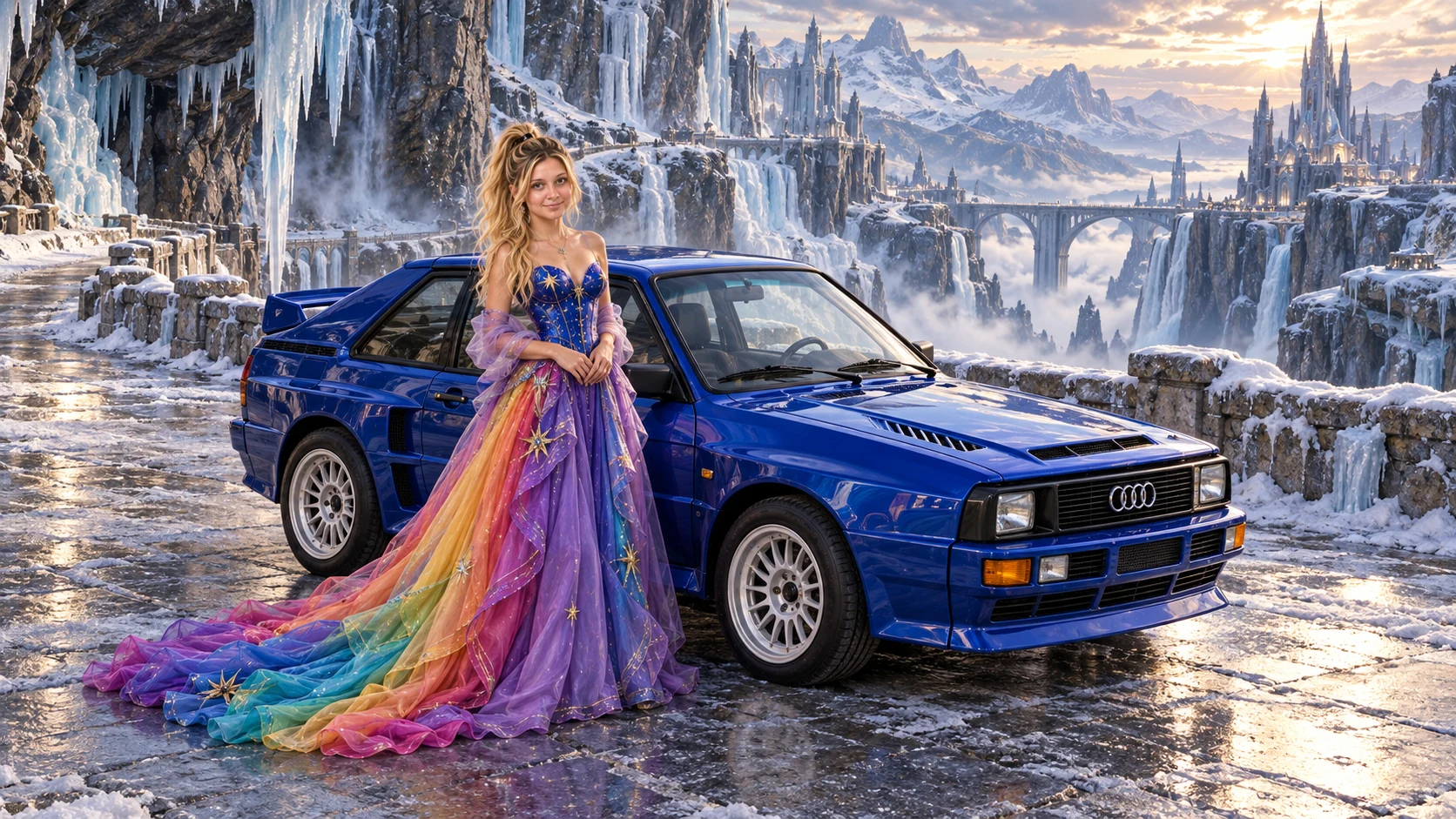 Kristin as Rainbow Brite wears a violet organza couture gown with a structured cobalt bodice, sweeping rainbow train and star jewels beside a cobalt blue 1985 Audi Sport Quattro on Rimefall, in The Pale Meridian.