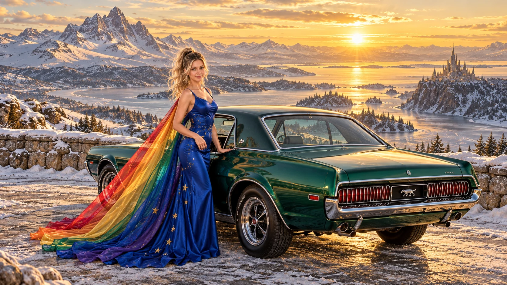 Kristin as Rainbow Brite wears a cobalt satin column gown with a dramatic rainbow chiffon cape and tiny gold star embroidery beside a bright emerald 1968 Mercury Cougar on Winterlight, in The Pale Meridian.