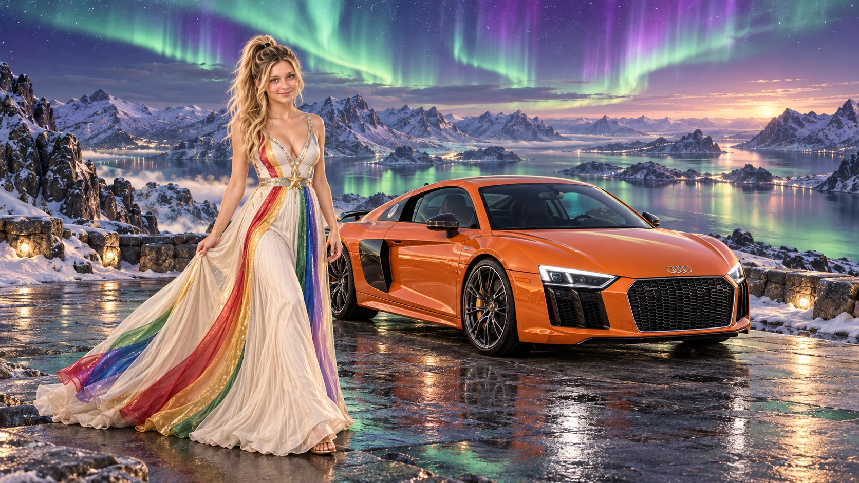 Kristin as Rainbow Brite wears a pearl-white pleated evening gown with jewel-tone rainbow panels and a fine gold star belt beside a tangerine orange 2017 Audi R8 on Borealis, in The Pale Meridian.
