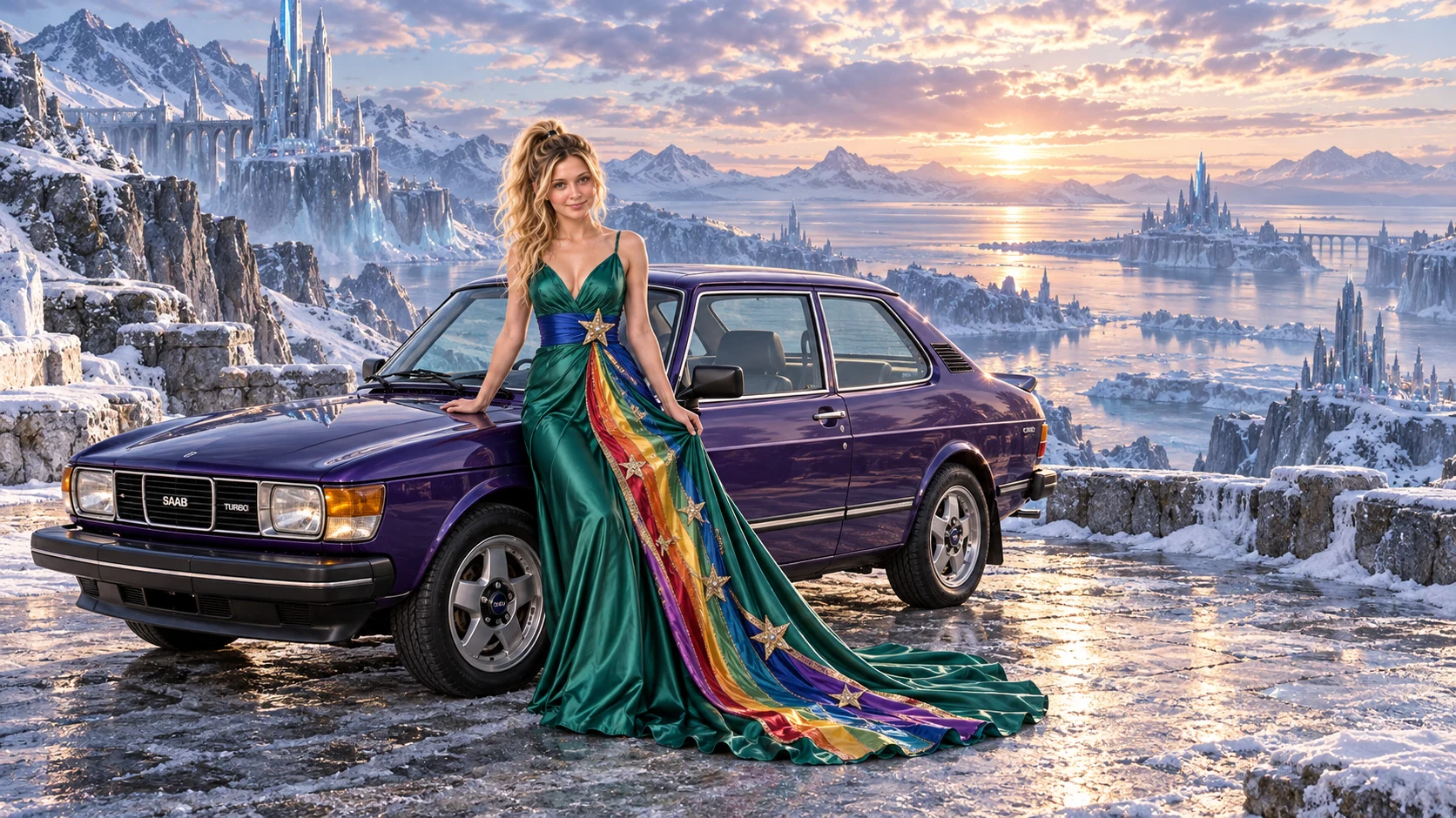 Kristin as Rainbow Brite wears a emerald silk evening dress with rainbow ribbon appliqué, a royal-blue waist sash and a jeweled star buckle beside a deep violet 1978 Saab 99 Turbo on Cryostone, in The Pale Meridian.