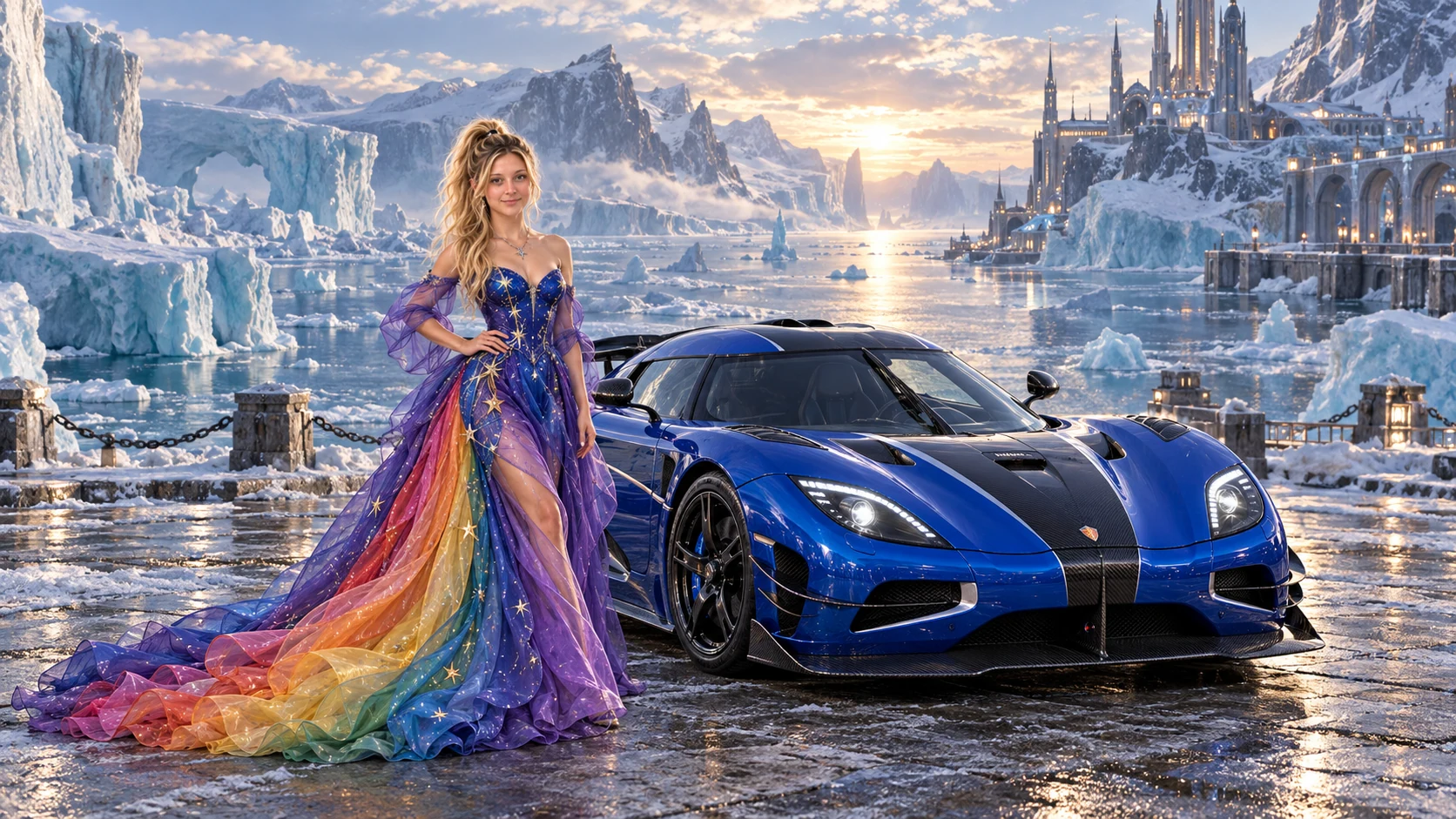 Kristin as Rainbow Brite wears a violet organza couture gown with a structured cobalt bodice, sweeping rainbow train and star jewels beside a cobalt blue 2015 Koenigsegg Agera RS on Pale Harbor, in The Pale Meridian.