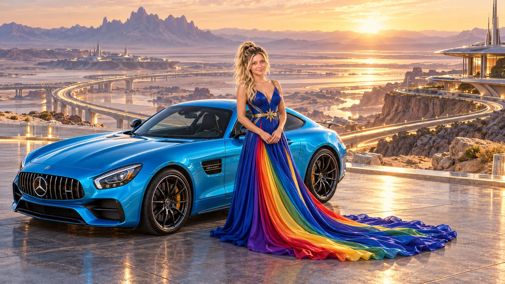 Kristin as Rainbow Brite wears a floor-length royal-blue silk gown with sculptural rainbow pleats and a flowing train, gold star belt beside a electric cyan 2016 Mercedes-AMG GT on Serevex, in The Pale Meridian.