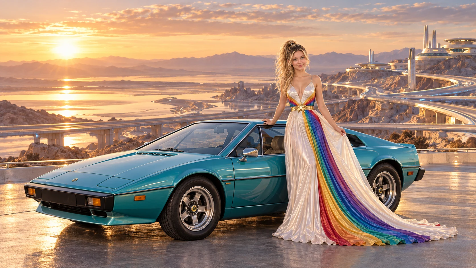 Kristin as Rainbow Brite wears a pearl-white pleated evening gown with jewel-tone rainbow panels and a fine gold star belt beside a glacier turquoise 1976 Lotus Esprit on Serevex, in The Pale Meridian.