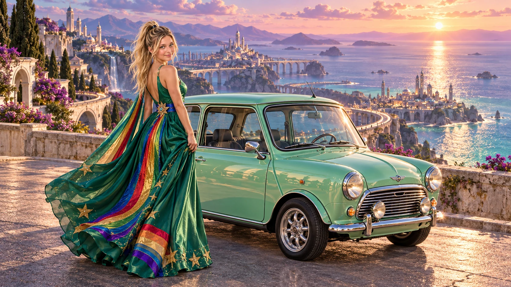 Kristin as Rainbow Brite wears a emerald silk evening dress with rainbow ribbon appliqué, a royal-blue waist sash and a jeweled star buckle beside a luminous mint green 1967 Austin Mini Cooper S on Infinitara, in The Pale Meridian.