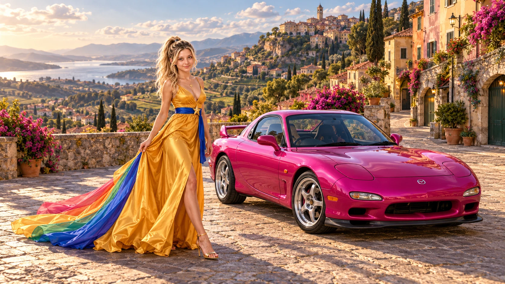 Kristin as Rainbow Brite wears a saffron satin evening gown with a royal-blue sash, graceful rainbow ribbon train and gold star pendant beside a fuchsia magenta 1993 Mazda RX-7 on Bellina, in The Pale Meridian.