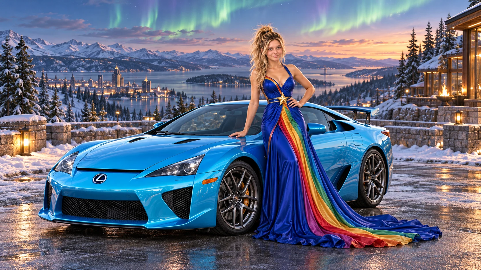 Kristin as Rainbow Brite wears a floor-length royal-blue silk gown with sculptural rainbow pleats and a flowing train, gold star belt beside a electric cyan 2011 Lexus LFA on Vallora, in The Pale Meridian.