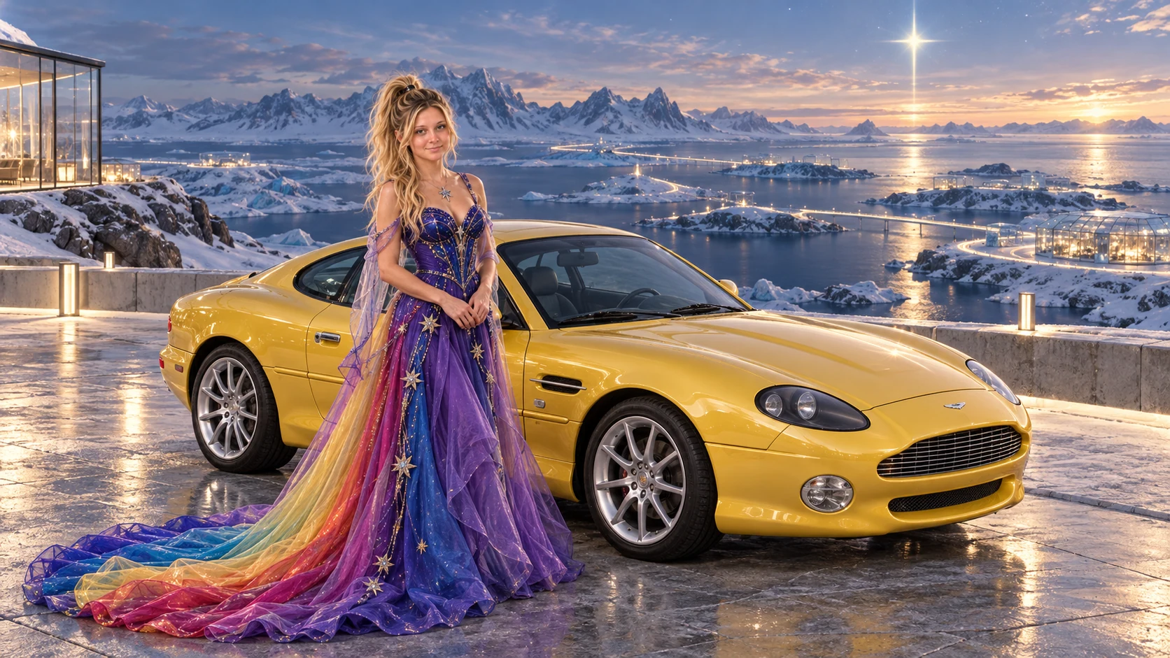 Kristin as Rainbow Brite wears a violet organza couture gown with a structured cobalt bodice, sweeping rainbow train and star jewels beside a lemon yellow 2003 Aston Martin DB7 on Northlight, in The Pale Meridian.