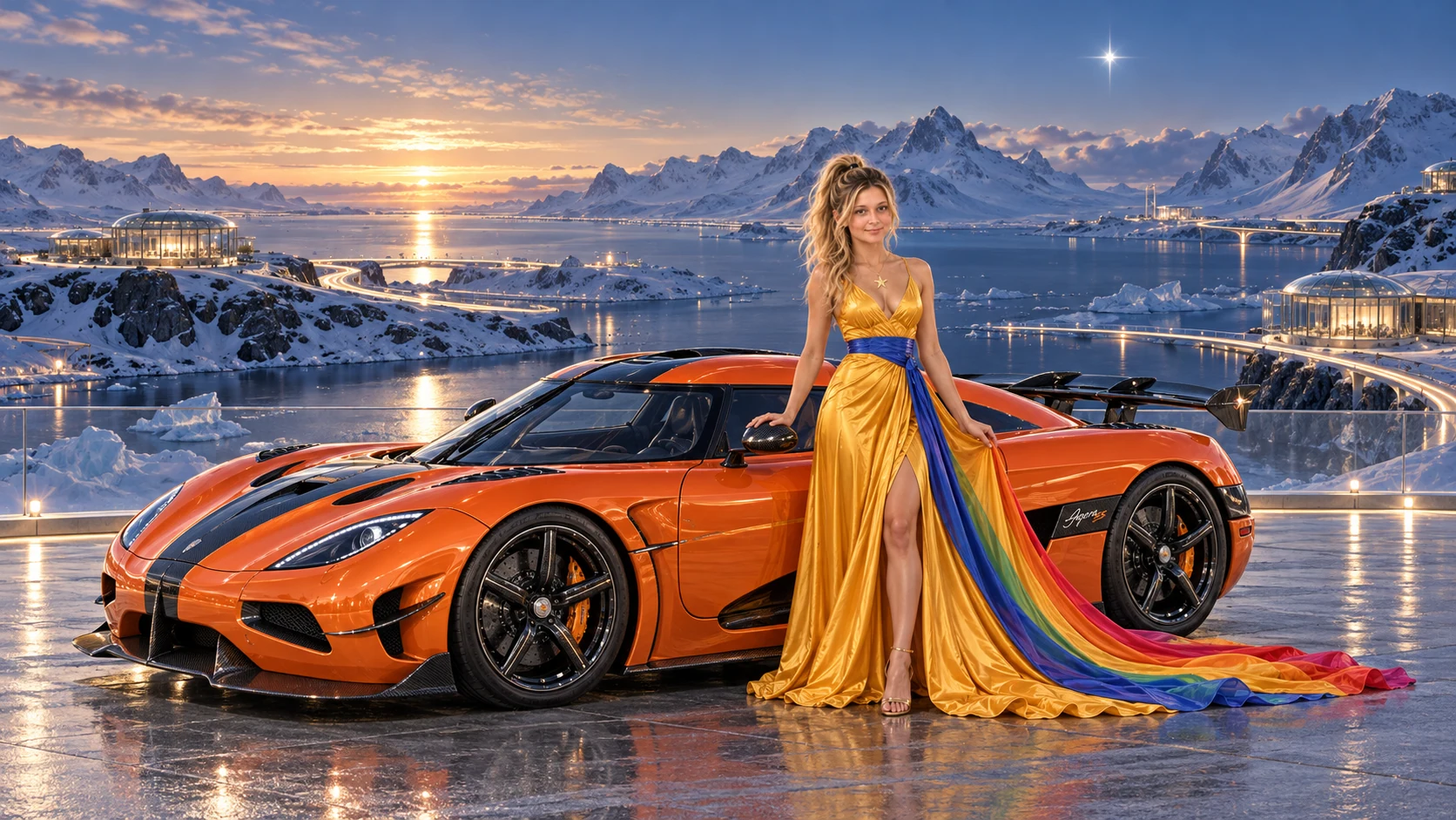 Kristin as Rainbow Brite wears a saffron satin evening gown with a royal-blue sash, graceful rainbow ribbon train and gold star pendant beside a coral orange 2015 Koenigsegg Agera RS on Northlight, in The Pale Meridian.